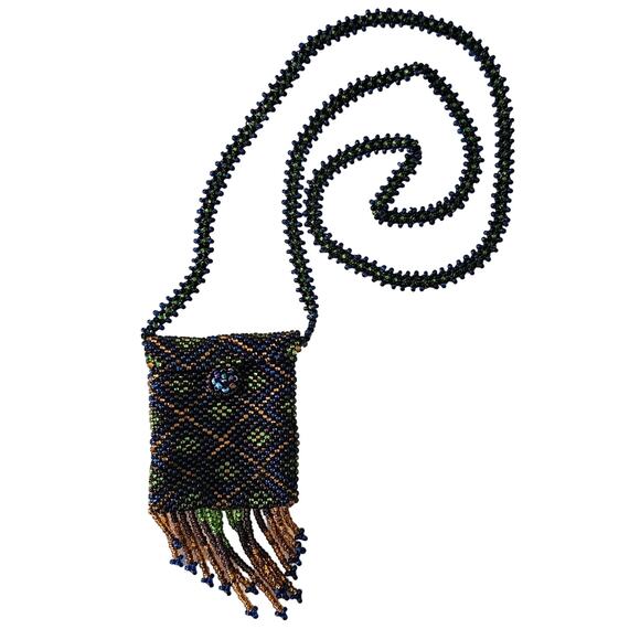 Vintage Artisan Fringed Tribal Seed Bead Necklace Pouch Diamond Pattern - Picture 1 of 11